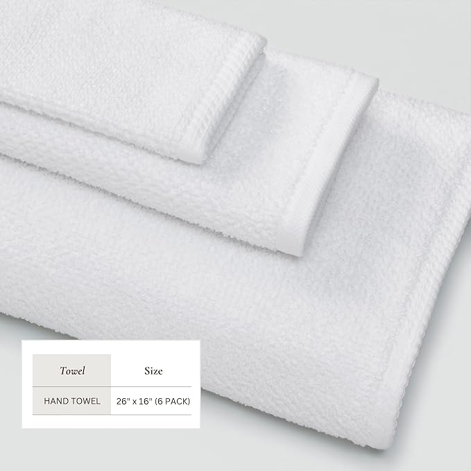 Great Bay Home White Hand Towel Set – 100% Cotton 6-Pack 26"x16", Absorbent & Quick-Drying, Soft & Durable