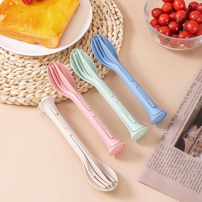 3PCS Wheat Straw Cutlery, Reusable Utensils Set Portable Travel 3 in 1 Spoon Fork Knife Tableware, Eco-Friendly, BPA Free, Flatware for Kids Adults, Travel Picnic Camping (Beige)