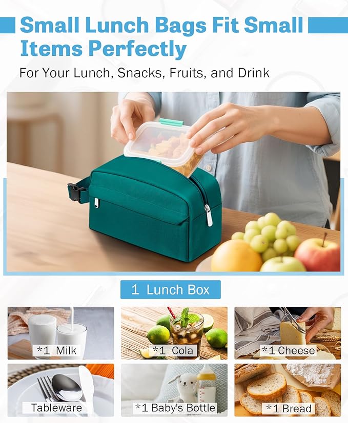 Small Insulated Snack Bag Lunch Box,Collapsible Reusable Small Lunch Bag with Snap Buckle Handle for Beach Travel Picnic,Peacock Green 5-Can(3L)