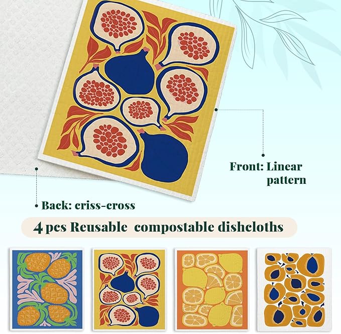 Swedish Dishcloths for Kitchen, Papaya Reusable Paper Towels Washable, Summer Lemon Pineapple Swedish DishCloths for Friut, 4 Pack Dish Towels for Kitchen