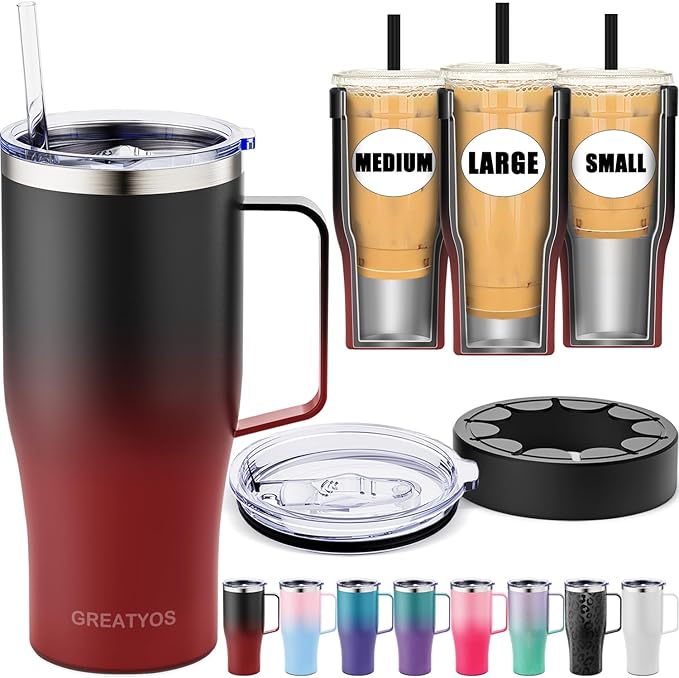Universal Iced Coffee Sleeve with Handle - Insulated Double Wall Reusable Stainless Steel Holder Insulator for Cold Drinks Fits Small Medium Large To Go Cups Gifts for Men Women Him Her (Dark Flame)