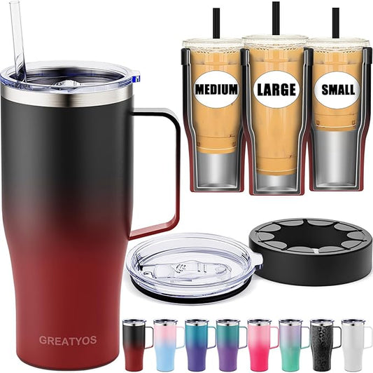 Universal Iced Coffee Sleeve with Handle - Insulated Double Wall Reusable Stainless Steel Holder Insulator for Cold Drinks Fits Small Medium Large To Go Cups Gifts for Men Women Him Her (Dark Flame)