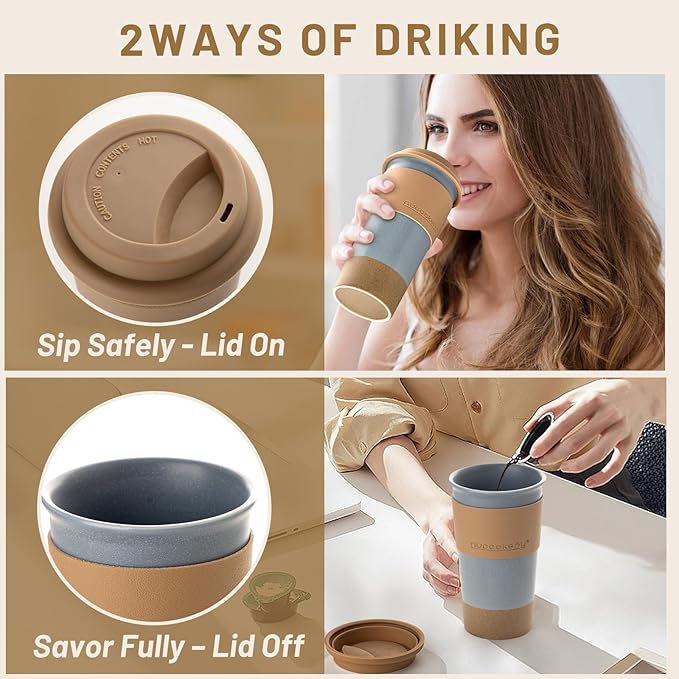 Nucookery Ceramic Travel Coffee Mug Set, Coffee Tumbler with Silicone Lid and Non-Slip Sleeve, Unique To Go Mug, Gifts for Women & Men, Microwave Safe Cappuccino, Tea, Latte, Iced-Coffee Cups, Blue