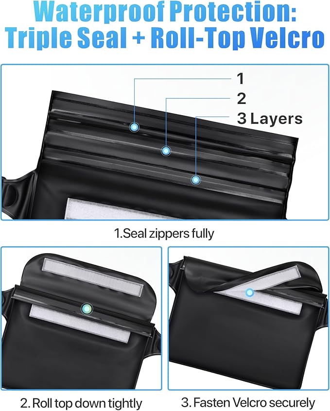 F-color Waterproof Fanny Pack - Cruise Essentials 2025 - Waterproof Pouch, Triple Zipper Roll-Top Dry Bag for Phone with Adjustable Waist Strap, Keep Passport Valuables Dry for Beach Kayaking Boating