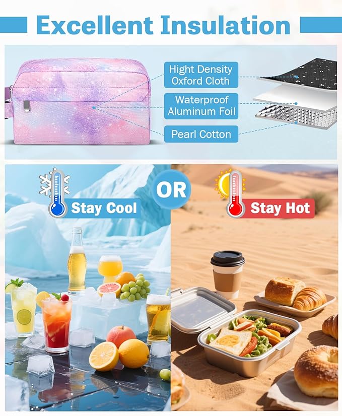 Small Insulated Snack Bag Lunch Box,Collapsible Reusable Small Lunch Bag with Snap Buckle Handle for Beach Travel Picnic,Pink Starry Sky 5-Can(3L)