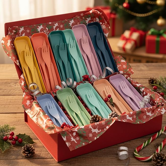Lasnten 200 Set Reusable Utensils Set with Case Wheat Straw Utensils for Christmas Operation Bulk Items, Plastic Portable Spoon Knives Fork Bulk for Charities Nurseries Christmas Shoe Box Gift Project