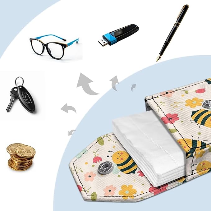 Bee Flower Tissues Purse Pocket Canvas Purse Tissue Packs Snap Button Enclosed Portable Tissue Holder for Office Travel Daily Outgoing