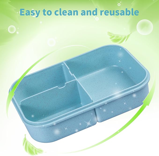 Wheat Straw Lunch Box - Leakproof Bento Box for Kids & Adults, BPA-Free 3-Compartment Food Containers, Microwave & Dishwasher Safe (Blue, 5.5 Cup)