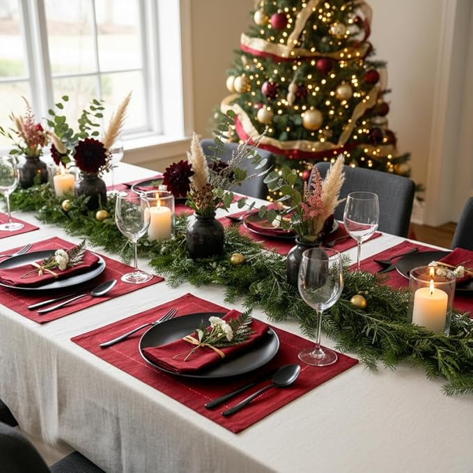 D'Moksha Homes Red Linen Placemats Set of 6 - Classic Hemstitch Placemats 14 x 19 Inch - 100% Pure Linen Table Mats for Winter, Christmas, Holiday - Handcrafted and Machine Washable