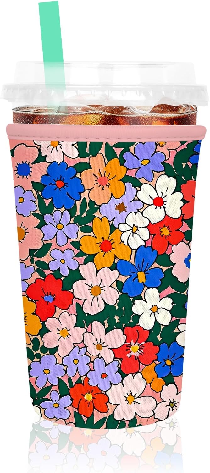 Iced Coffee Sleeve, Reusable Insulated Neoprene Cup Sleeve for Cold & Hot Drinks Beverages, Cup Holder for 22-24oz Coffee Cups, Watercolor Flowers