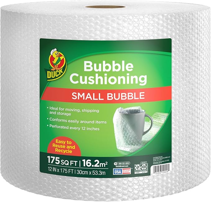 Duck Brand Small Bubble Cushioning Wrap for Moving & Shipping - 175 FT Bubble Packing Wrap for Extra Protection Packaging Boxes & Mailers - Clear Bubble Roll Moving Supplies, Perforated Every 12 IN