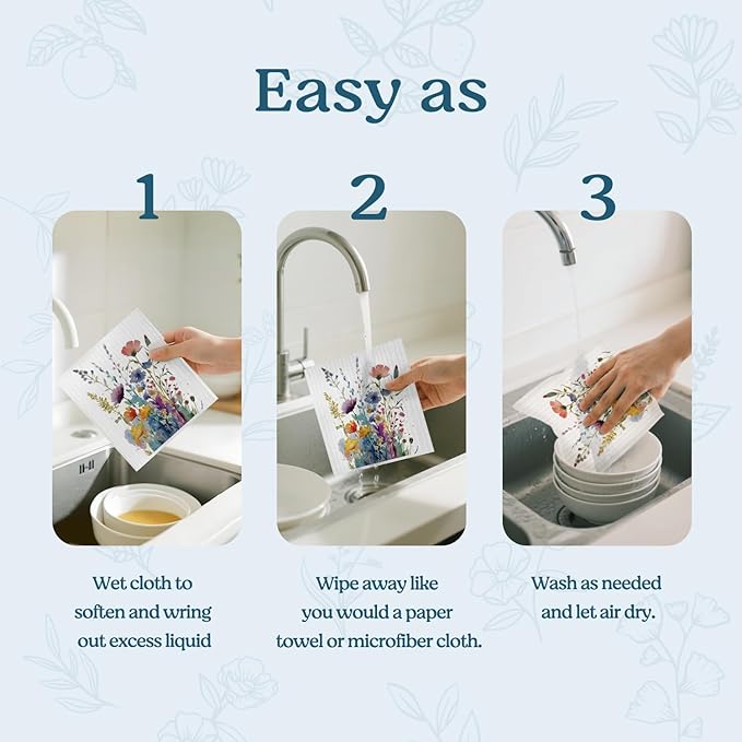 Swedish Dishcloths for Kitchen, Summer Wildflower Floral Kitchen Dish Towels for Washing Dishes, 4 Pack Reusable Paper Towels, Sponge Cloths for Home Cleaning Cooking Baking Housewarming Gift