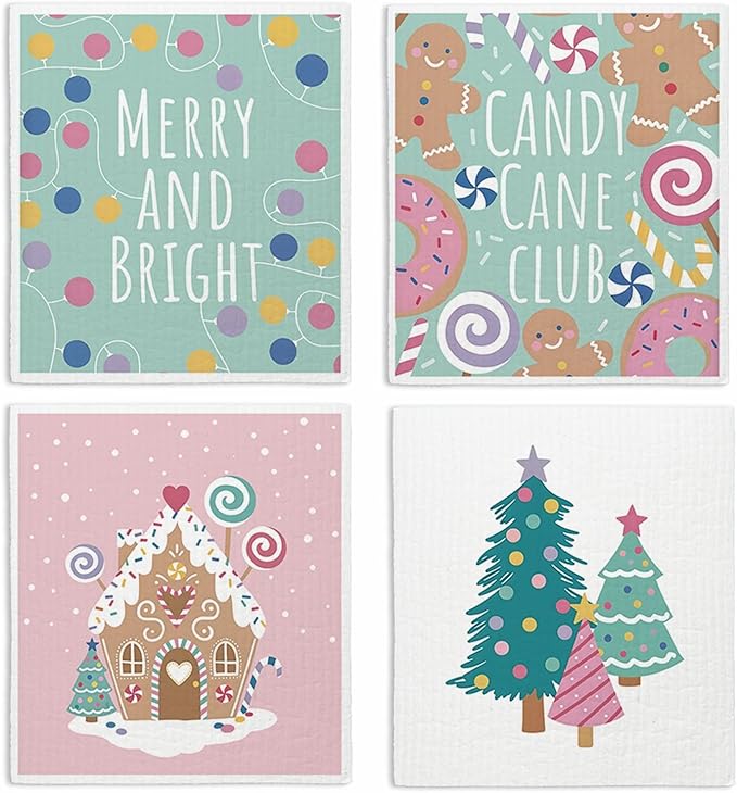 Swedish Dishcloths for Kitchen, Christmas Xmas Tree Gingerbread Winter Kitchen Dish Towels for Washing Dishes, 4 Pack Reusable Paper Towels, Sponge Cloths for Home Cleaning Baking Cooking