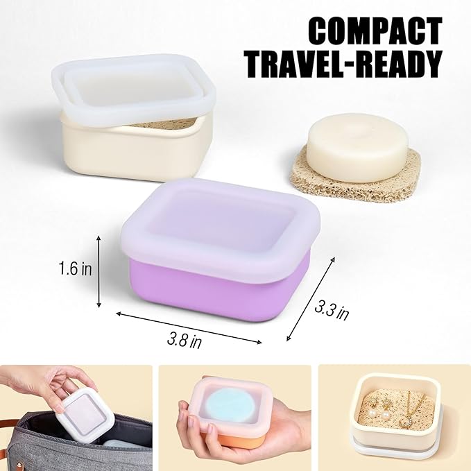 OTHIX 2 Pack Leakproof Silicone Travel Soap Case-Small Bar Soap Holder Container with Drainage Layer & Mini Portable Soap Dish for Shampoo Bars, Bathroom, Gym, Travel, Camping (Cream & Light Purple)