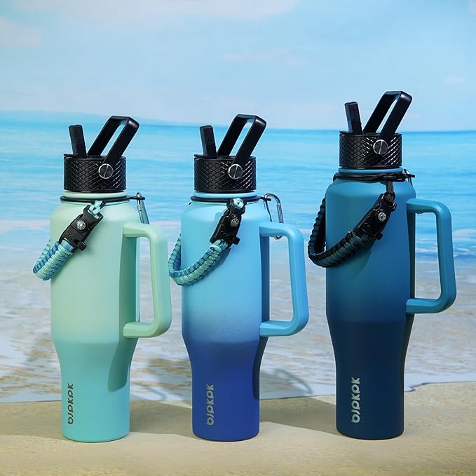 BJPKPK Insulated Water Bottles with Straw Lid, 35oz Metal Water Bottle with 2 lids & Paracord Strap, Double Wall Stainless Steel Vacuum Tumblers, Cups, Mugs, Thermo for Hot& Cold Drinks, Sea