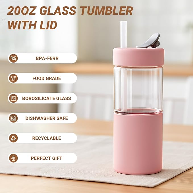 Zenbo 20 oz Glass Tumbler with Silicone Lid & Straw, Reusable Borosilicate Glass Iced Coffee Cup with Silicone Sleeve, Leak-Proof BPA-Free Glass Cup for Smoothies, Juice, Home, Office & Travel