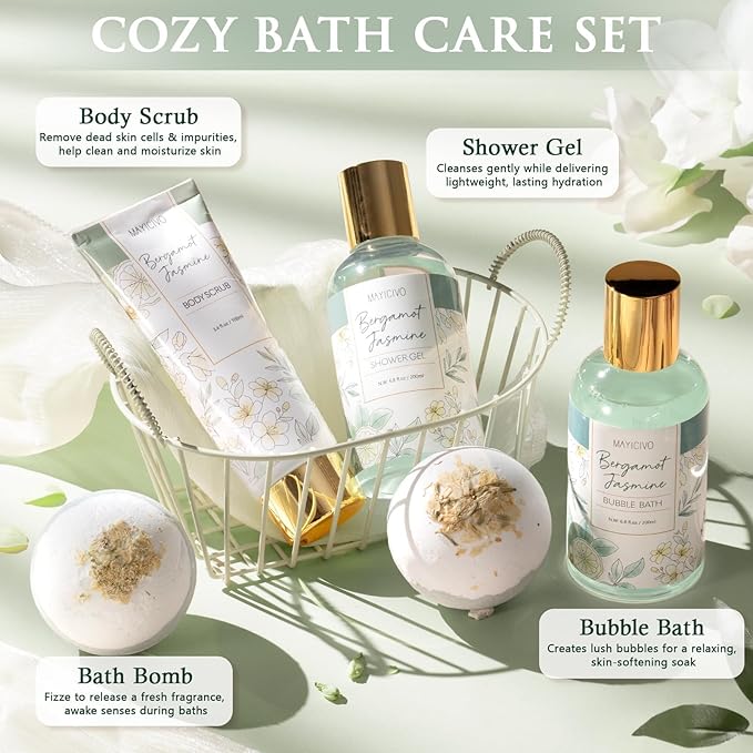 Christmas Birthday Gifts for Women, Bergamot Jasmine Relaxing Spa Gift Baskets for Women Self Care Package Bath Gift Set, Home Bath and Body Kit Pampering Gifts for Womens Mom Her Friends Sister Wife