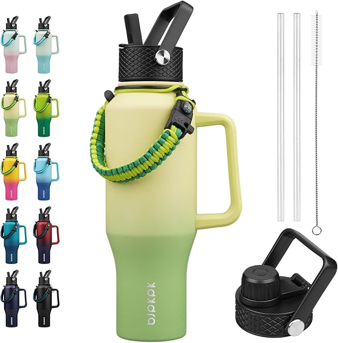 BJPKPK Insulated Water Bottles with Straw Lid, 35oz Metal Water Bottle with 2 lids & Paracord Strap, Double Wall Stainless Steel Tumbler with Handle, Reusable Cups, Mugs, Thermo, Fresh Green