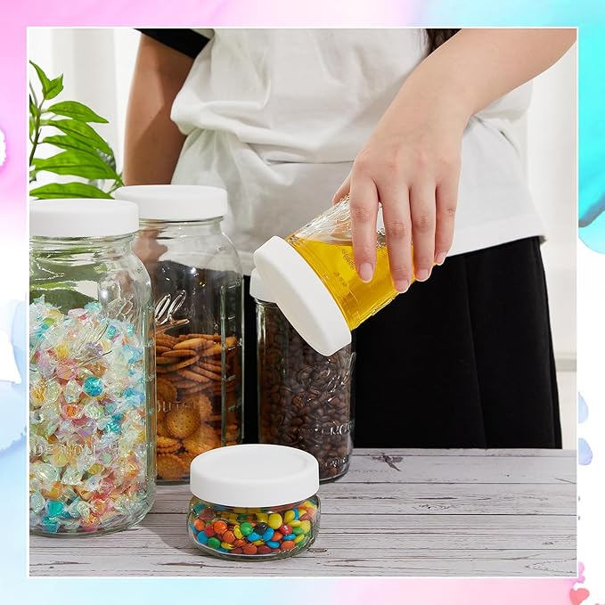 6 Pcs Silicone Wide Mouth Lids Mason Jar Lids Thickened Leak Proof Lid for 86 mm All Wide Mouth Mason Jars, Reusable Large Canning Jar Caps (White)