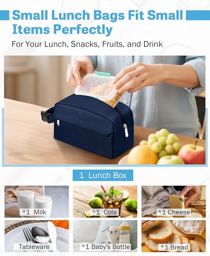 Small Insulated Snack Bag Lunch Box,Collapsible Reusable Small Lunch Bag with Snap Buckle Handle for Beach Travel Picnic,Dark Blue 5-Can(3L)