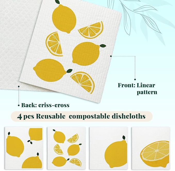 Swedish Dishcloths for Kitchen, Papaya Reusable Paper Towels Washable, Lemon Summer Swedish DishCloths for Friut, 4 Pack Dish Towels for Kitchen, No Odor Cleaning Cloths