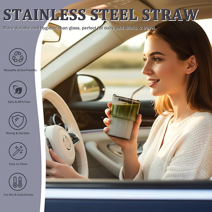 2 Packs Glass Tumbler with Lid and Straw 13 oz Cute Ice Coffee Cup Set Bulk Vasos de Vidrio Con Tazas Para Cafe Cocina Accesorios Home Bar Accessories New House Warming Gift Kitchen Stuff