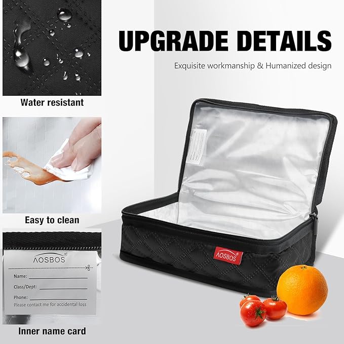 Aosbos Small Insulated Lunch Bag - Compact Lunch Box for Portion Control, Work & Office, Black Quilted
