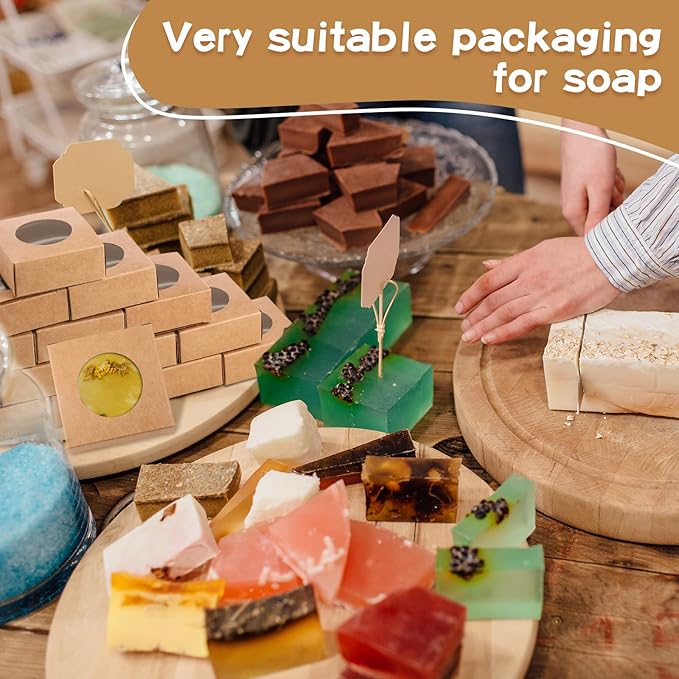 TaoBary 100 Pcs Soap Boxes for Homemade, 3 x 3 x 1.2 Inch Small Paper Gift Packaging Boxes with Window, Gift Wrappers for Soap Packaging Making Party Favor(Round,Kraft)