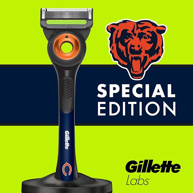 Gillette Labs Special NFL Bears Edition Shaving Razor for Men - 1 Handle, 4 Razor Blade Refills & Magnetic Stand, Holiday Gifts for Men, GilletteLabs with Exfoliating Bar