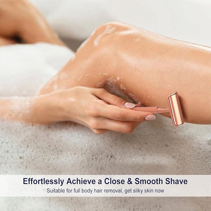 Rose Gold Safety Razor - Single Blade Razors for Women - Reusable Metal Razor, with 5 Stainless Steel Double Edge Blades, Smooth Close Shave, Sustainable, Plastic Free