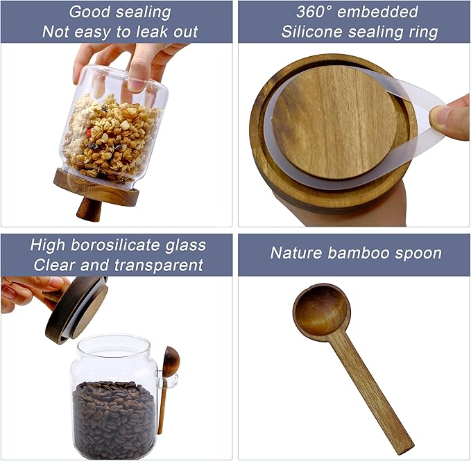 3PCS Spice Jars Overnight Oats Containers with Airtight Lid and Wooden Spoon,17 OZ Glass Food Storage Canisters, Glass Jars for Coffee Bean, Sugar, Dry Goods,Cookie,Candy,Cereal,Tea,Salt