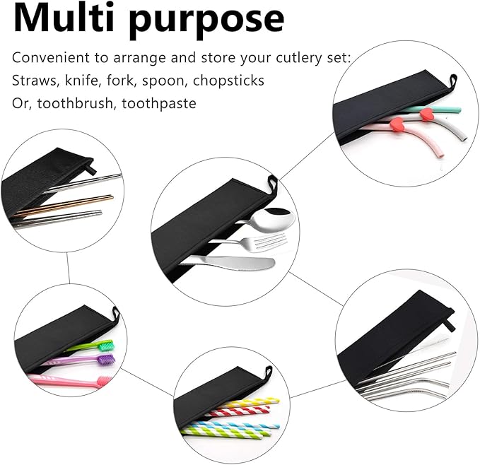 Aosbos Reusable Straws Pouch Carrying Case for Metal, Silicone, Paper, Plastic, Tumbler Straws, Stainless Steel Chopstick, (2-PACK, 11.8 IN, Grey) Black & Grey
