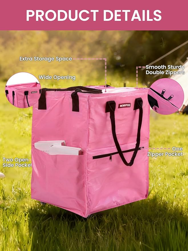 WORKPRO Large Reusable Grocery Bag on Wheels, Heavy Duty Rolling Shopping Tote with Handle, Folding Trolley on 5 Caster Wheels for Groceries, Laundry, Camping, Moving