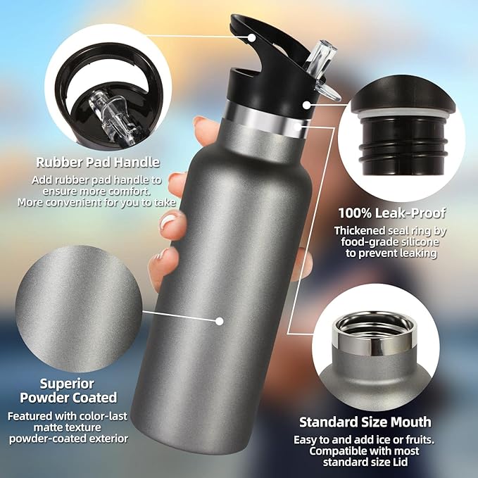 Volhoply 17oz Kids Insulated Water Bottle,Stainless Steel Water Bottles with Straw Lid,Double Wall Vacuum Metal Cups Water Bottle,Reusable Sports School Water Flask Keep Hot & Cold (Cold Grey,1 Set)
