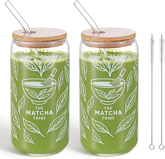 2 Set 16oz Matcha Glass Cups with Bamboo Lid and Straw 2 Brush Reusable Sealed Thick Leakproof Iced Coffee Cup Borosilicate Glass Tumble Gift for Matcha Lovers, Latte, Juice, Smoothie
