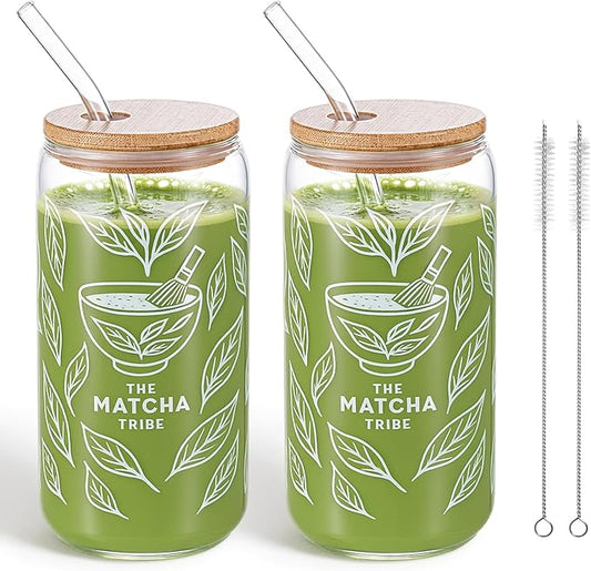 2 Set 16oz Matcha Glass Cups with Bamboo Lid and Straw 2 Brush Reusable Sealed Thick Leakproof Iced Coffee Cup Borosilicate Glass Tumble Gift for Matcha Lovers, Latte, Juice, Smoothie