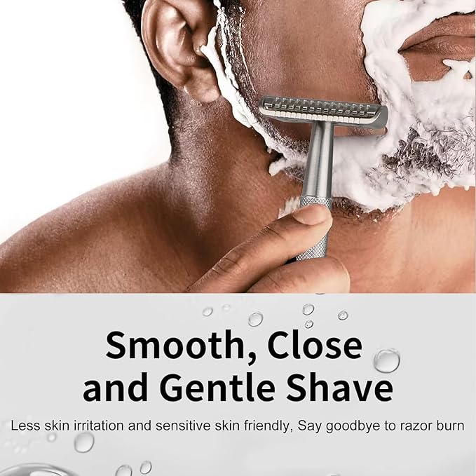Stainless Steel Safety Razor, Single Blade Razors for Men, with 10 Double Edge Blades, Long and Heavy Duty Handle, Smooth Close Gentle Shave, Silver