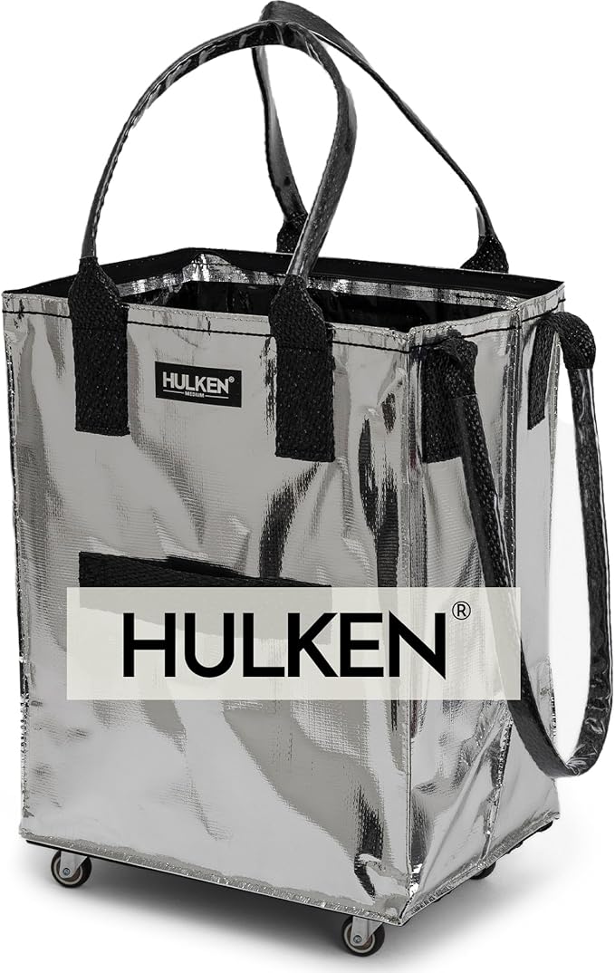 HULKEN (Medium, Silver) Reusable Grocery Bag On Wheels, Shopping Trolley, Rolling Tote, Zipper Closure, Lightweight, Carries Up to 66 lb, Folds Flat, Unbreakable Handles