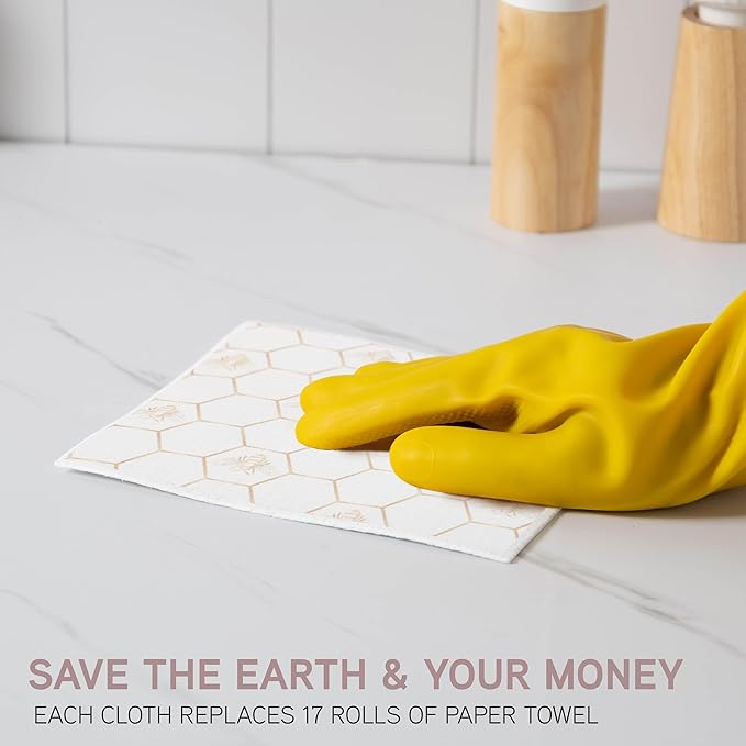COOK WITH COLOR Eco-Friendly Reusable Swedish Dishcloths for Kitchen - Pack of 8 Reusable Paper Towels, Biodegradable Cellulose Sponge Cloths- Assorted Designs and Colors, Neutral Bees