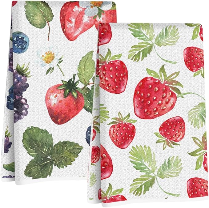 Jztco 2Pcs Strawberry Kitchen Towels 24x14 Inch, Summer Fruits Seamless Pattern Hand Towels for Kitchen Home Decor, Absorbent Microfiber Dish Cloth Tea Towel, Strawberry Gifts for Women Mom Grandma