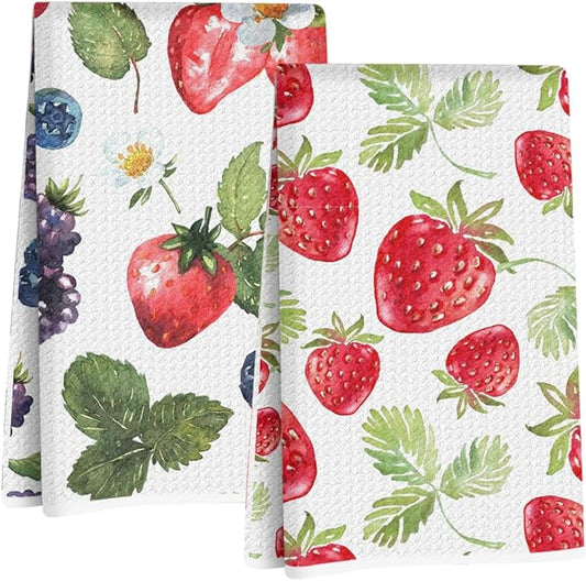 Jztco 2Pcs Strawberry Kitchen Towels 24x14 Inch, Summer Fruits Seamless Pattern Hand Towels for Kitchen Home Decor, Absorbent Microfiber Dish Cloth Tea Towel, Strawberry Gifts for Women Mom Grandma