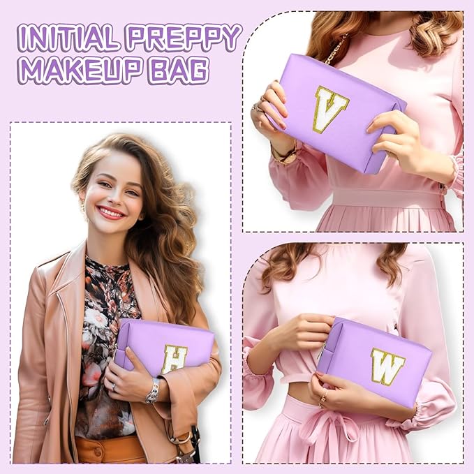 TOPEAST Preppy Makeup Bag, Small Cosmetic Travel Bags for Women, PU Leather Waterproof Toiletry Bag with Zipper, Personalized Birthday Gift for Women Girl, Preppy Gifts for Girl (Purple Z)