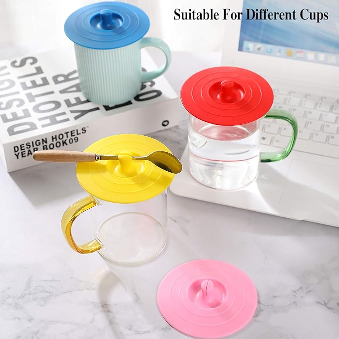 Silicone Cup Covers (Set of 4) ， Multicolored Silicone Lids for Mugs, Cups, Tea Pots,Flexible Mug Covers，Hot Cup Lids for Coffee & Tea