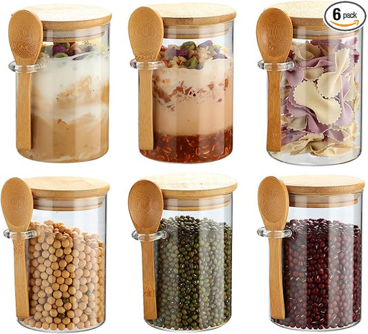 6 Pack Glass Jars with Bamboo Lids and Spoons for Loose Leaf Tea Storage, 17 OZ Overnight Oat Container with Lid and Scoop, Glass Canister Set as Tea Container for Loose Leaf Tea Holder