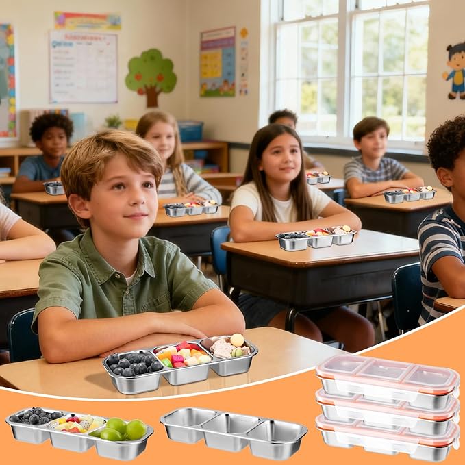 10 Pack Stainless Steel Snack Containers with Lids - 3 Compartments Reusable Metal Bento Boxes Divided Food Storage Containers For School,Office Home And Travel Stackable Lunch Boxes