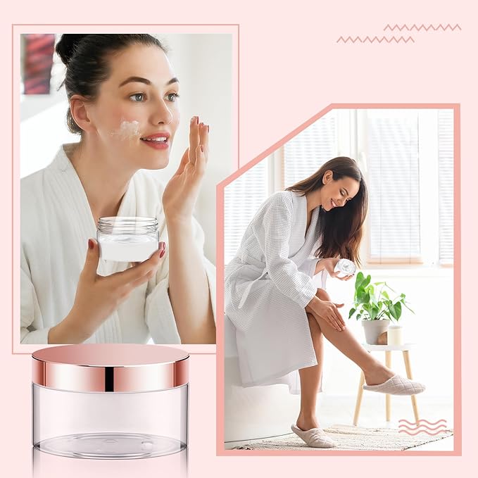 Dandat 24 Pcs 8 oz Plastic Jar Container with Lid and Label Refillable Empty Round Clear with Rose Gold PET Cosmetic Sample Containers for Lotion, Cream, Ointments, Body Butter, Makeup, Travel Storage