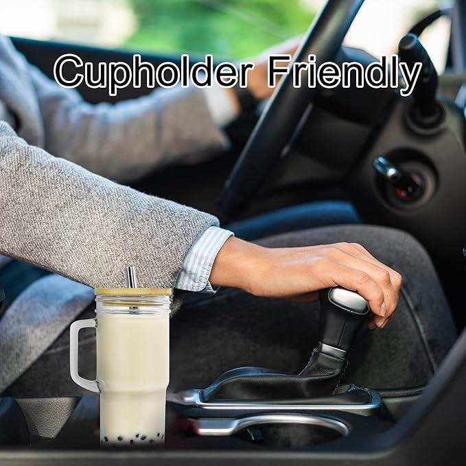 2Pcs Glass Cups with Lids and Straws, 24oz Mason Jar Iced Coffee Cup Drinking Jars Glasses Tumbler with Handle Bamboo Lids Wide Mouth Travel Mug for Bubble Tea, Iced Coffee, Smoothie, Beer