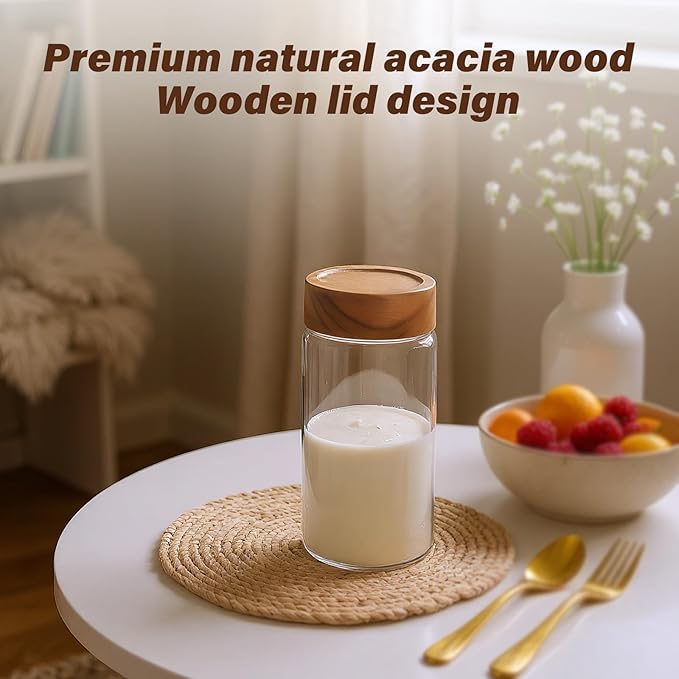 2-Pack 13 oz Glass Mason Jars with Acacia Wood Lids - Sealable, Leakproof, Clear & Stackable Food Storage Containers for Spices, Meal Prep, Flour, Sugar & Snack Storage