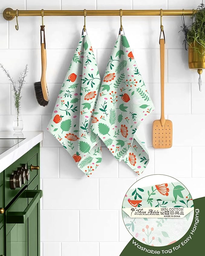 Flour Sack Kitchen Towels Set of 2-18x26 Cotton Dish Towels with Hanging Loop Reusable Tea Towel for Cleaning Spring Absorbent Dishcloths Cute Home Decor Housewarming, Green Leaf Fruit