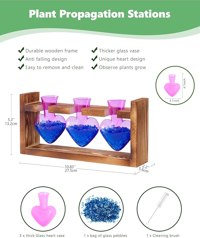 Nacome Plant Terrarium Propagation Stations: Air Planter 3 Bulb Glass Heart Shaped Vase with Wooden Stand for Hydroponics Home Office Decor - Christmas Gifts for Plant Lovers Women Mom Wife(Purple)